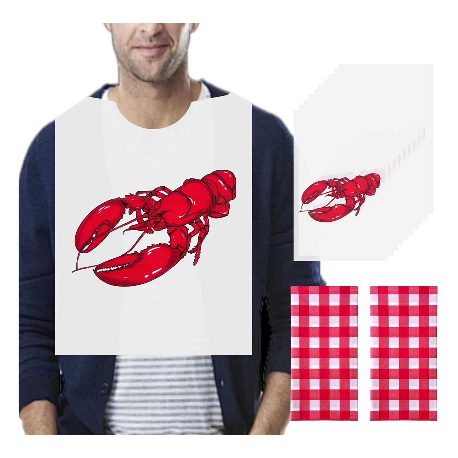VoyaBliss 30 Pcs Disposable Lobster Bibs and 2 Pcs 54 x 108 Inch Plastic Red and White Gingham Checkered Tablecloths Seafood Boil Party Supplies, Crawfish Boil Party Supplies for BBQ Picnic Barbecue