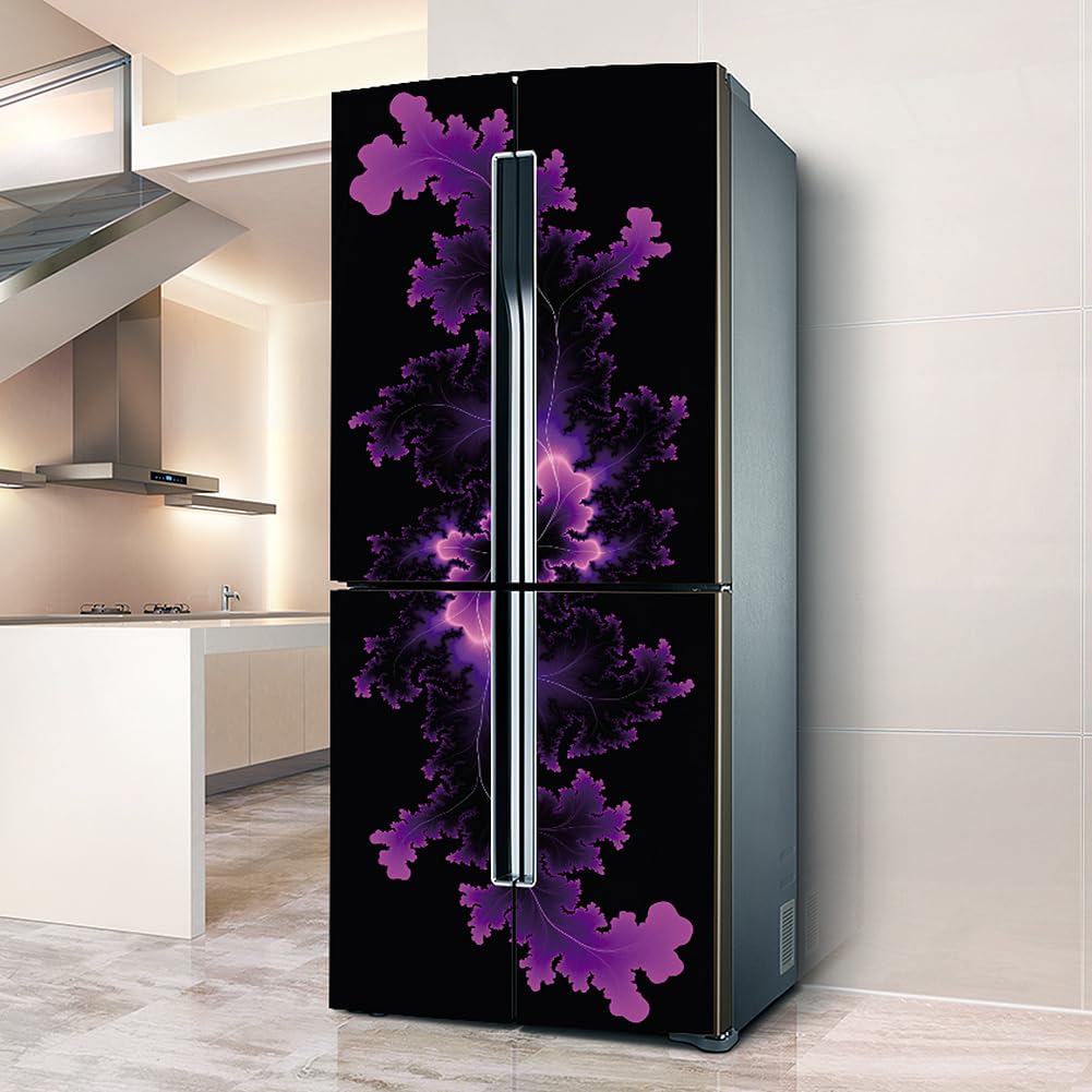 Fridge Sticker, Fridge Sticker Full Covering Door Covers Skins Wall Stickers for Kitchen Decal, Purple Flower Leaves(L: 100x180 cm)