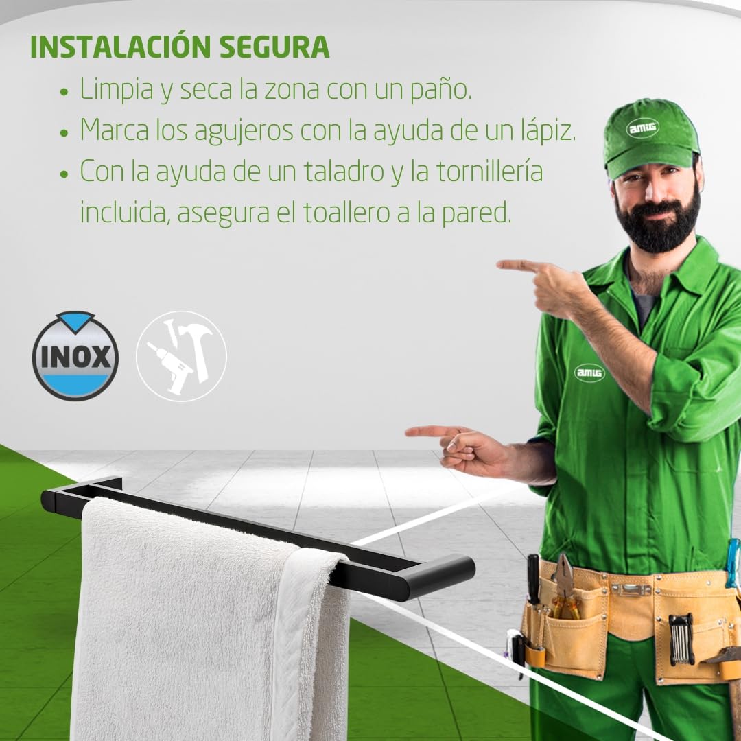 Amig - Toallero de baño Doble Barra Mod. OMA-1 - Soporte de Pared para Toallas con Tornillos incluidos - 640 x 125 x 30 mm - Zamak - Negro Mate
