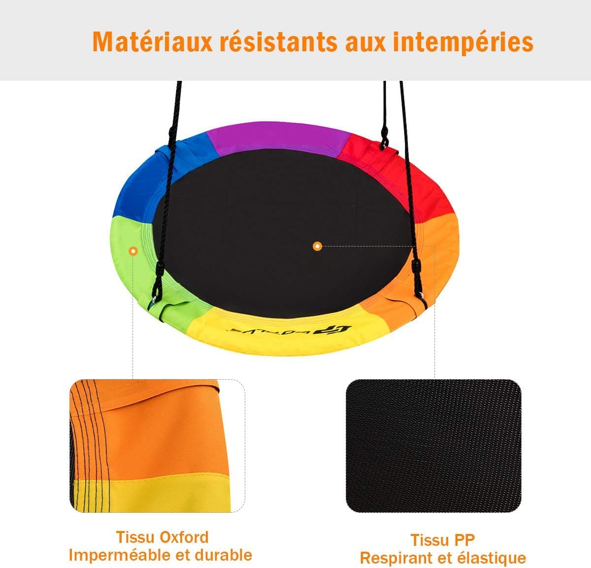 COSTWAY Balançoire Nid d'Oiseau Ø 100cm Enfants avec Cordes Réglables (100-180cm), Balançoire Soucoupe en Tissu Oxford Intérieur Extérieur, Charge 150kg pour Enfants et Adultes