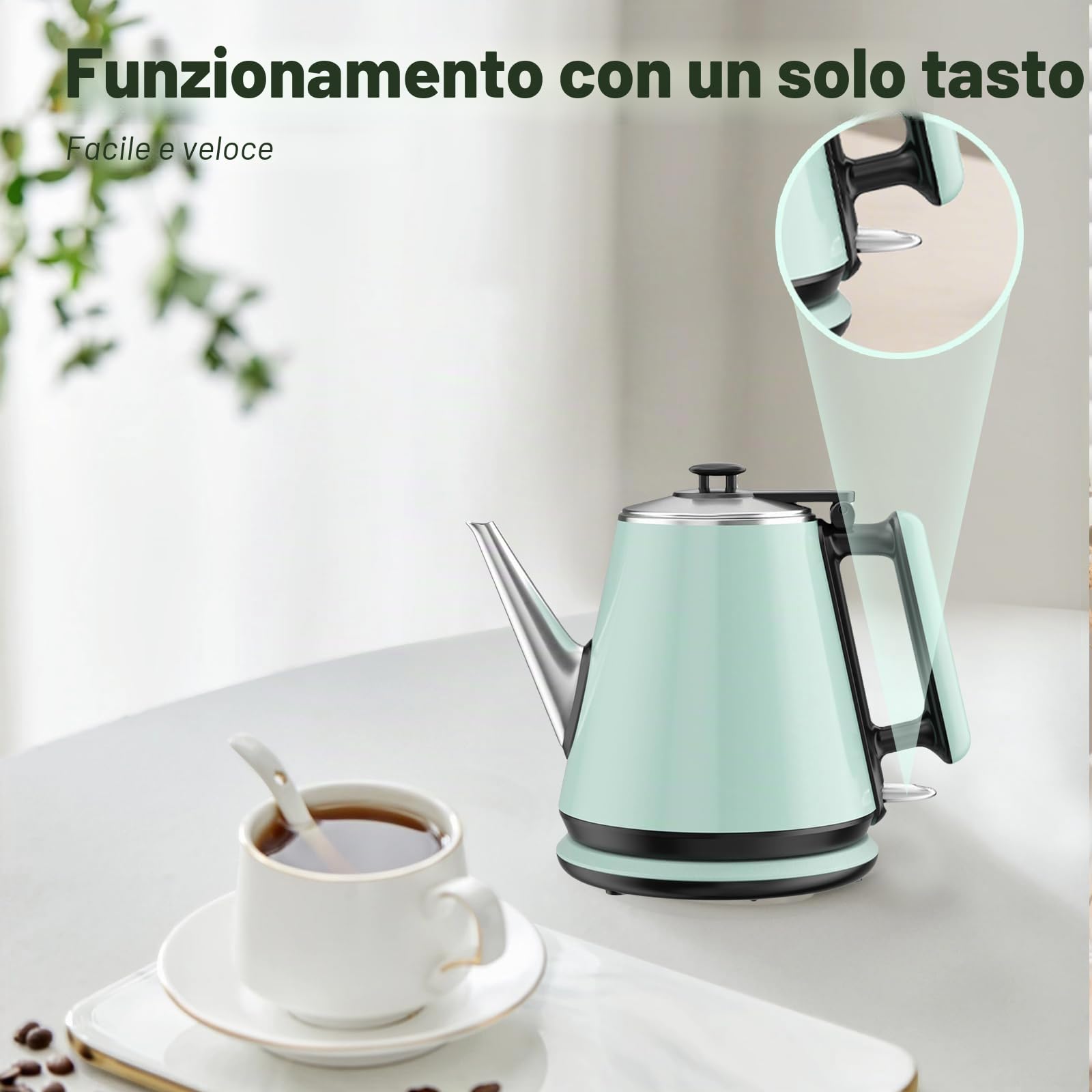 Bollitore con Collo d'Oca 0,9L, 1360W, 304 Acciaio Inox, Verde Pallido