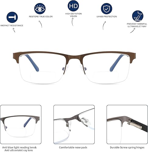 Miniatura 4 de Lentes de lectura progresivas bifocales sin línea, multifocales, con bloqueo de luz azul, para computadora, marco metálico para hombres