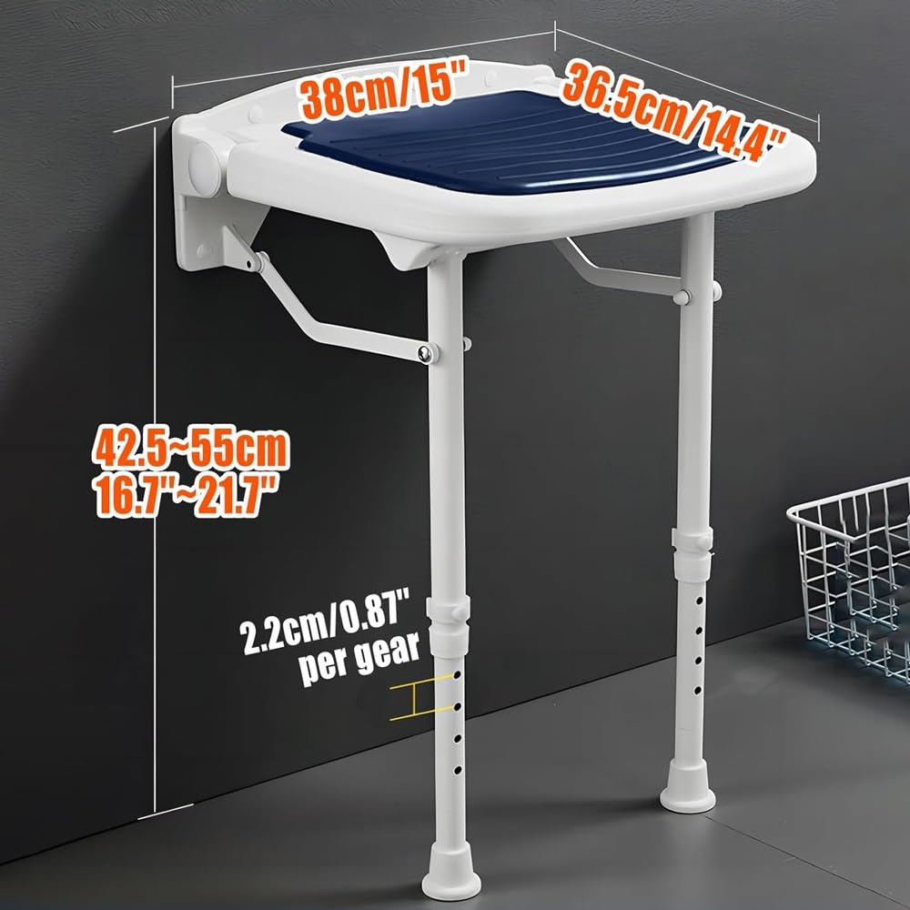 Asiento de Ducha Plegable de Pared, Silla de Ducha Plegable de Altura Ajustable, Banco de baño for Personas Mayores, Adultos, Embarazadas, Personas con discapacidad.(Blue)