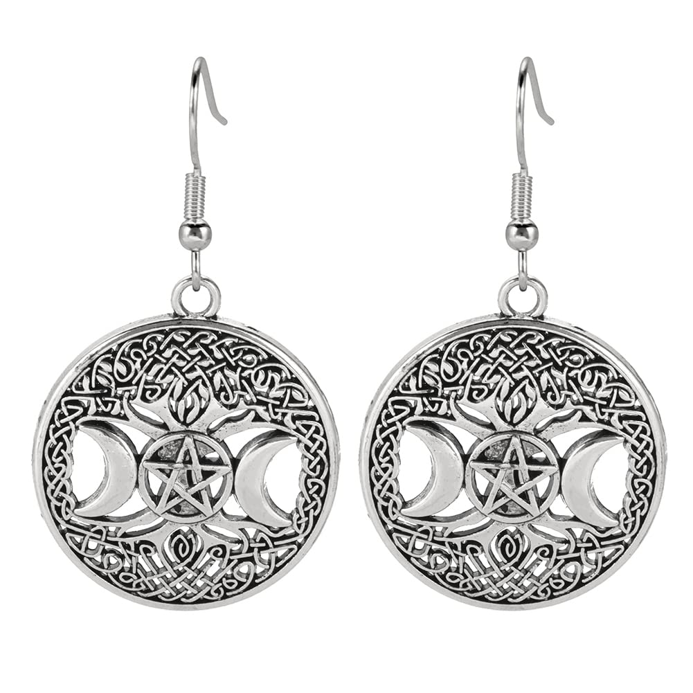 TEAMER Triple Moon Goddess Earrings Tree of Life Earrings Wicca Pentacle Pentagram Gothic Drop Earrings for Women