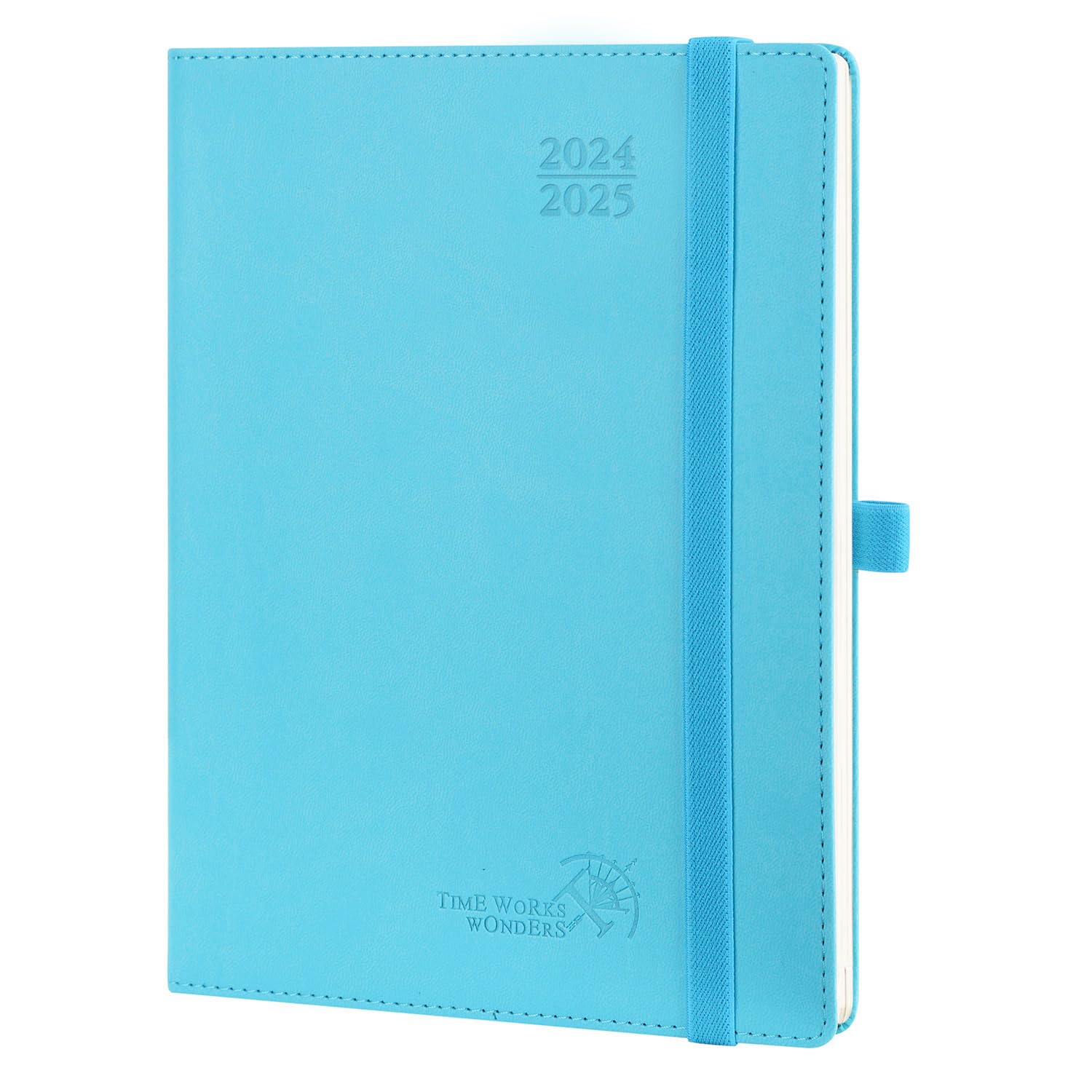 POPRUN Agenda 2024 2025 Semana Vista 22 x 16,5 cm, Agenda Semanal 17 Meses de Ago.2024 - Dic.2025, Tapa Blanda en Cuero Vegano, Porta Boligrafos Autoadhesivo, 80 GSM Papel Certificado FSC®, Azul Verde