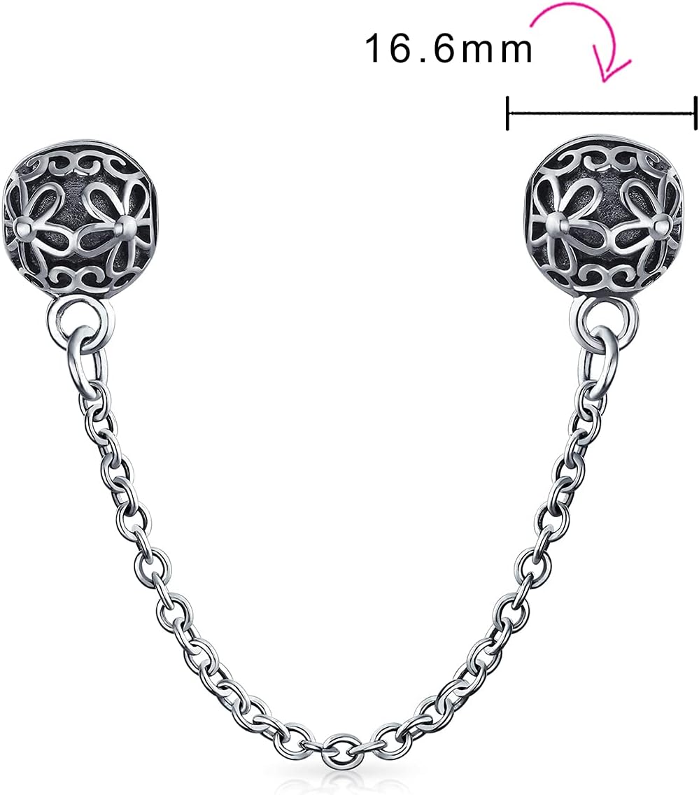 Bling Jewelry Double Daisy Safety Chain Floral Bouquet Clasp Stopper Bead Charm For Women .925 Sterling Silver Fits European Bracelet