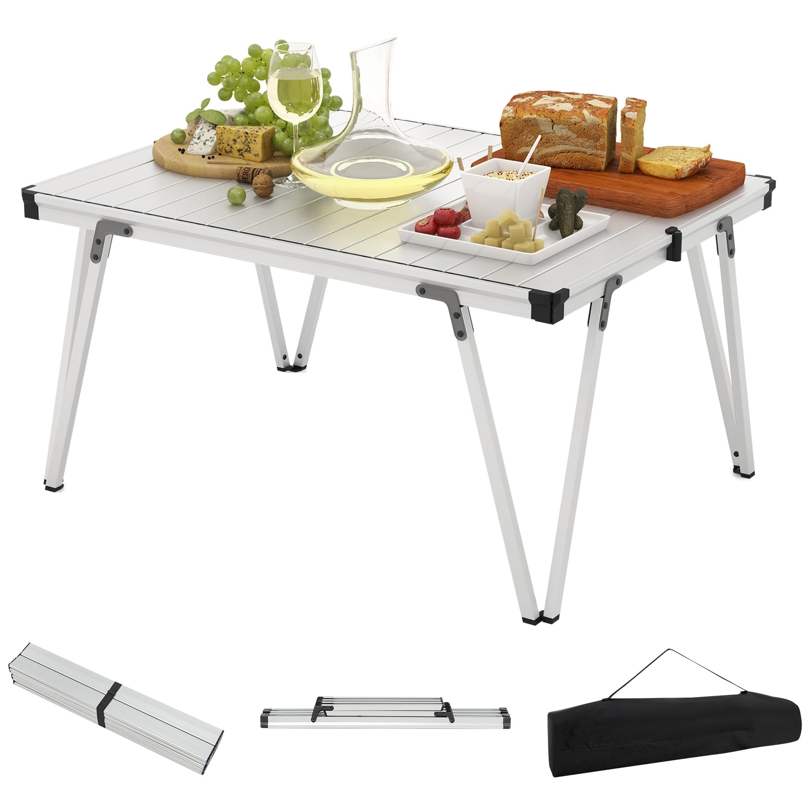 COSTWAY Folding Camping Table, 80kg Capacity Roll Up Portable Picnic Table with Storage Bag, Indoor Outdoor Aluminum BBQ Dining Tables for Camp, Hiking, Beach, Kitchen (Silver)