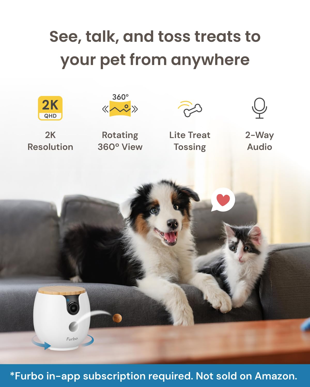 Furbo Mini 360° [New] 2K QHD Pet Camera - Unlock Smart Camera & Smart Features w/Paid Plan: Dog & Cat Safety Alerts, Rotating Treat Dispenser w/Speaker (Subscription Required, Low Risk 3mo Minimum)