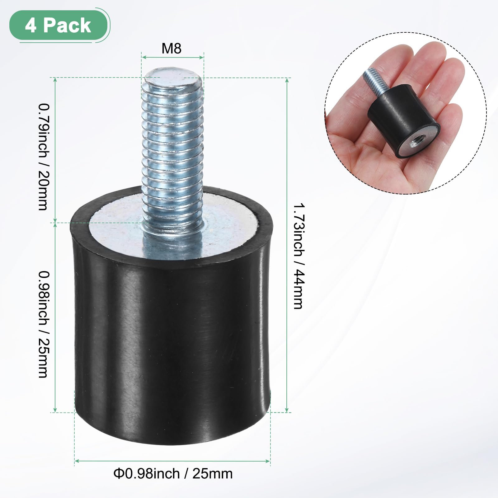 M METERXITY 4-Pack Rubber Mounts D25mmxH25mm Male/Female Vibration Isolators Cylindrical Shock Absorber W M8 x 20mm Studs for Air Compressor/Car/Pump/Boat/Garage Motor/Bobbins Rubber Isolators — Amazon image 3
