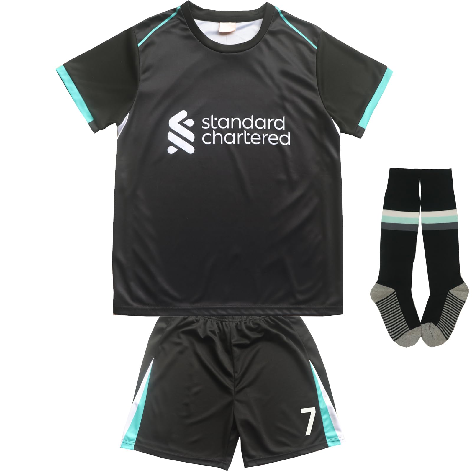 KWFOM Lpool Diaz #7 Away Kids Soccer Jersey Kit with Shorts/Socks Set Youth Sizes (Black, 28)