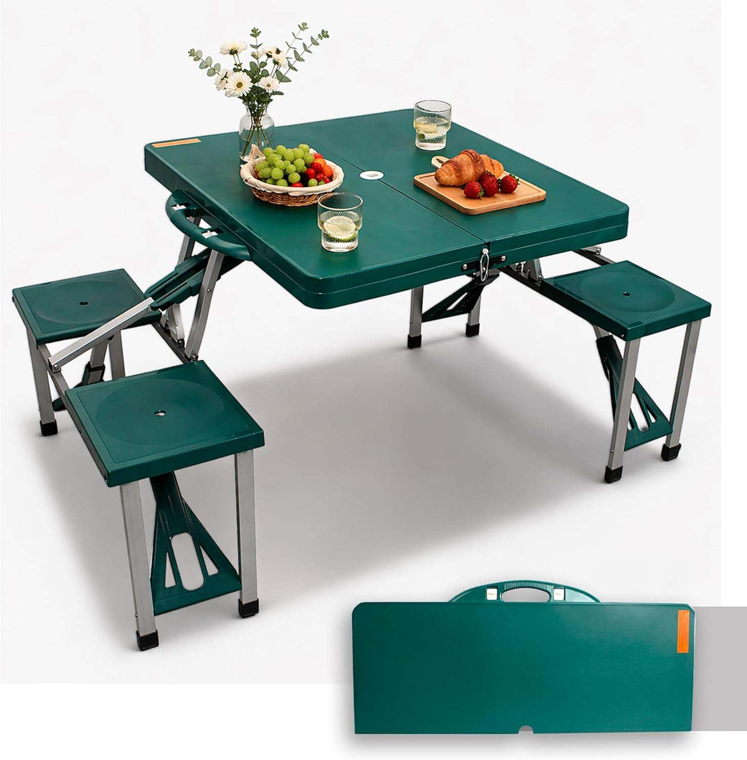 Mesa de Camping Plegable con 4 Asientos Integrados, Mesa Picnic Portátil con Orificio para Sombrilla, Estructura de Aluminio Resistente hasta 100 kg, Compacta tipo Maletín para Exterior, Jardín Playa