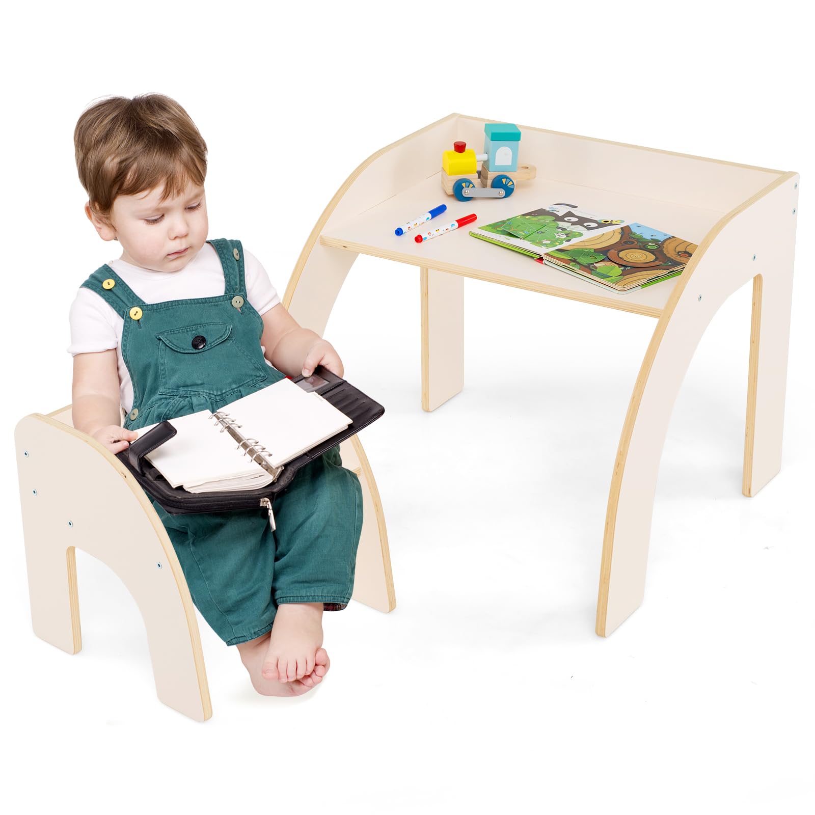COSTWAY Set Tavolo e Sedie per Bambini 3+ Anni, Tavolino Legno con Sedie per Cameretta con Bordo Curvato e Ampio Piano, Mobile Salvaspazio per Camera da Letto, Soggiorno e Asilo (Bianco)