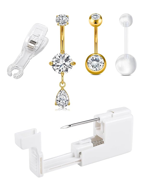 Kit QWALIT para Piercing no Umbigo com Pistola, Argolas Douradas e Acessórios