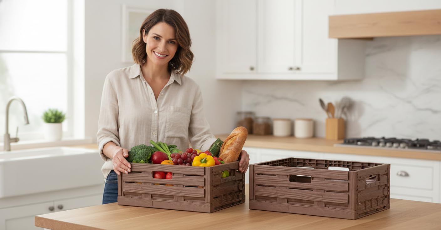 Bestlivings Caja plegable 60x40x21,8cm 45L - Pack 3 unidades plástico | Caja plegable apilable, cesta de la compra, caja de plástico, caja de verduras, caja de frutas, maletero