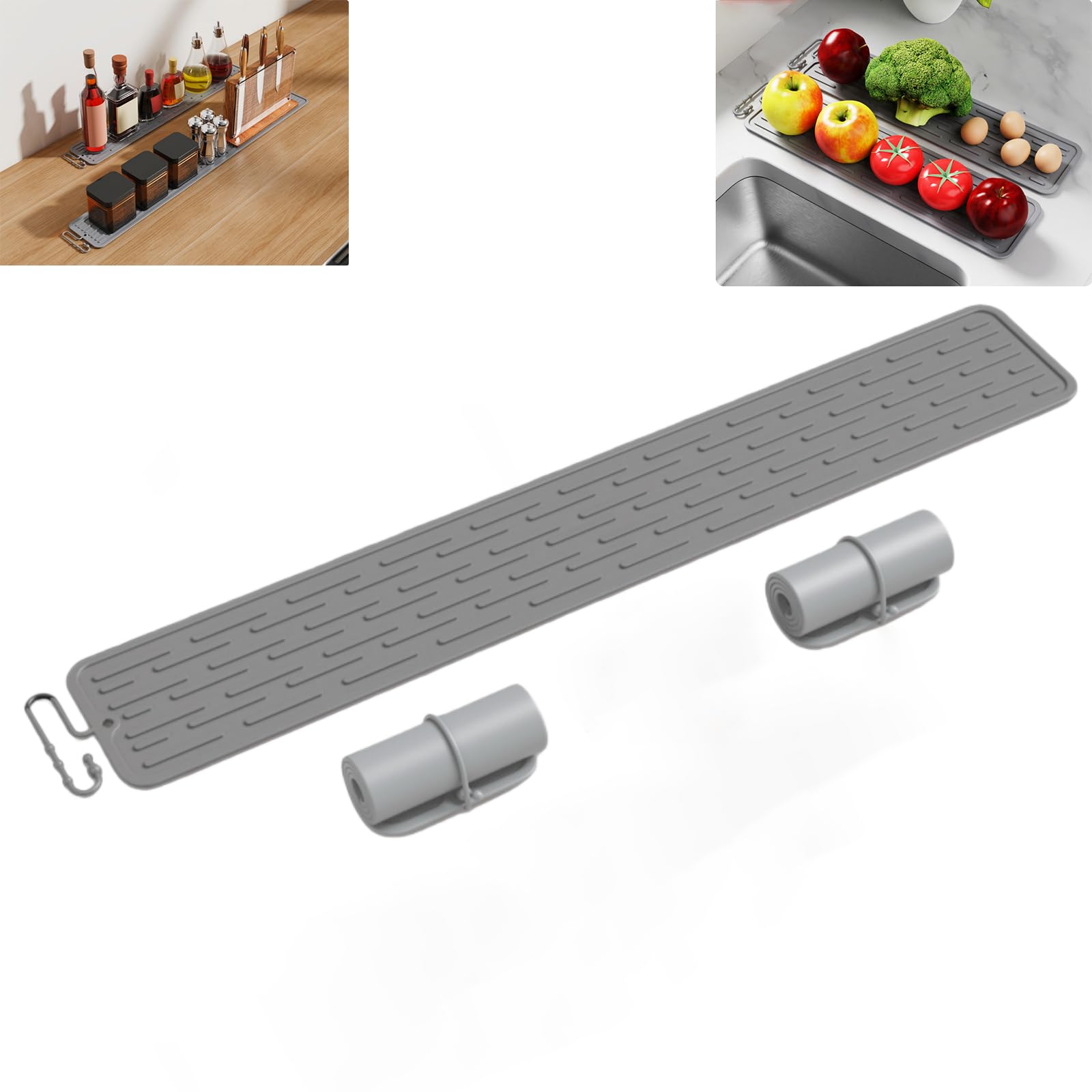 MAUNYASENA Extra Long (70cm) Silicone Sink Mat, Ultra Slim (9.5cm) Kitchen Sink Splash Guard, Narrow Countertop Drying Mat for Behind Tap, Heat Resistant & Non-Slip Bathroom Water Protector - Grey