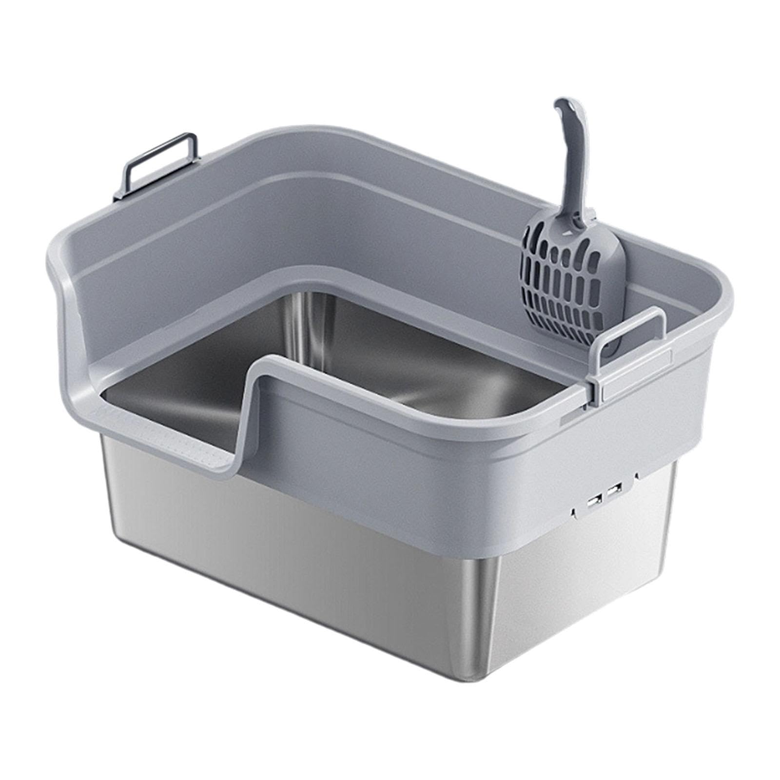 Arenero Semicerrado con Pala, Fabricado en Acero Inoxidable Y PP, con Bordes para Evitar Derrames, Apto para Gatos de Interior.