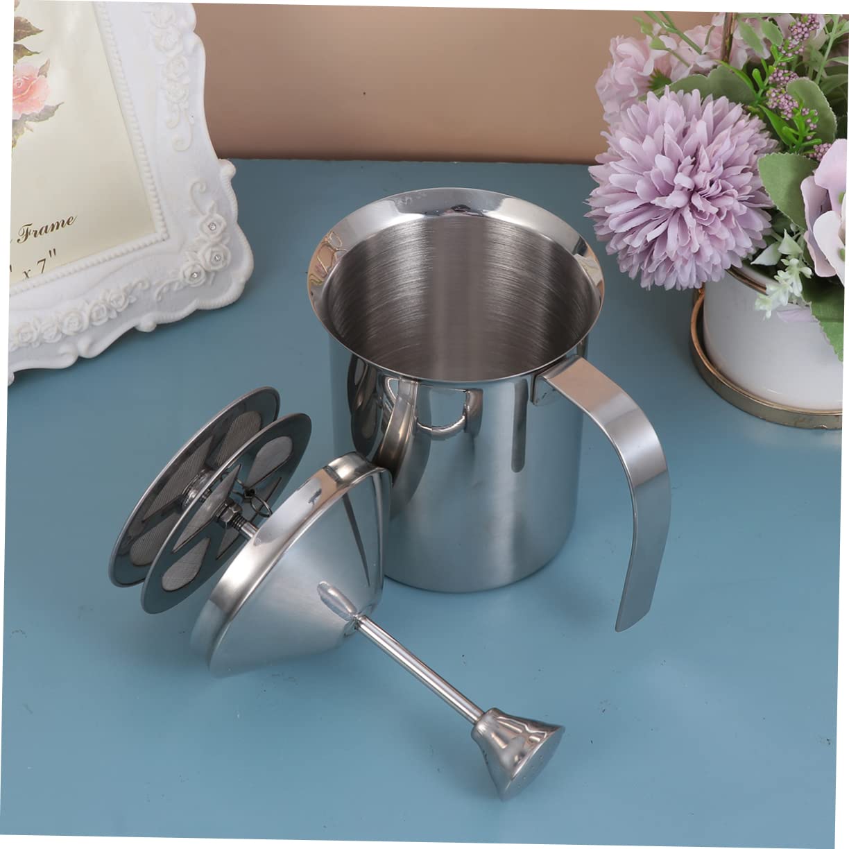 BESTYASH Espumador de Leche Manual de Acero Inoxidable 304 sin Electricidad Doble Malla y 800 Ml Adecuado para Café en Casa