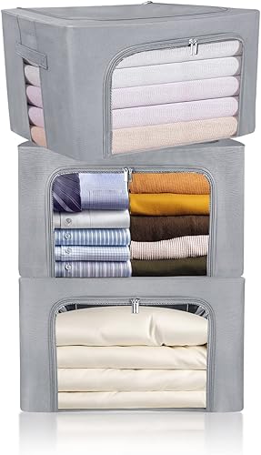 Caja de almacenamiento de ropa, organizador plegable apilable, asas resistentes con marco de metal para ropa de cama, contenedor de armario con