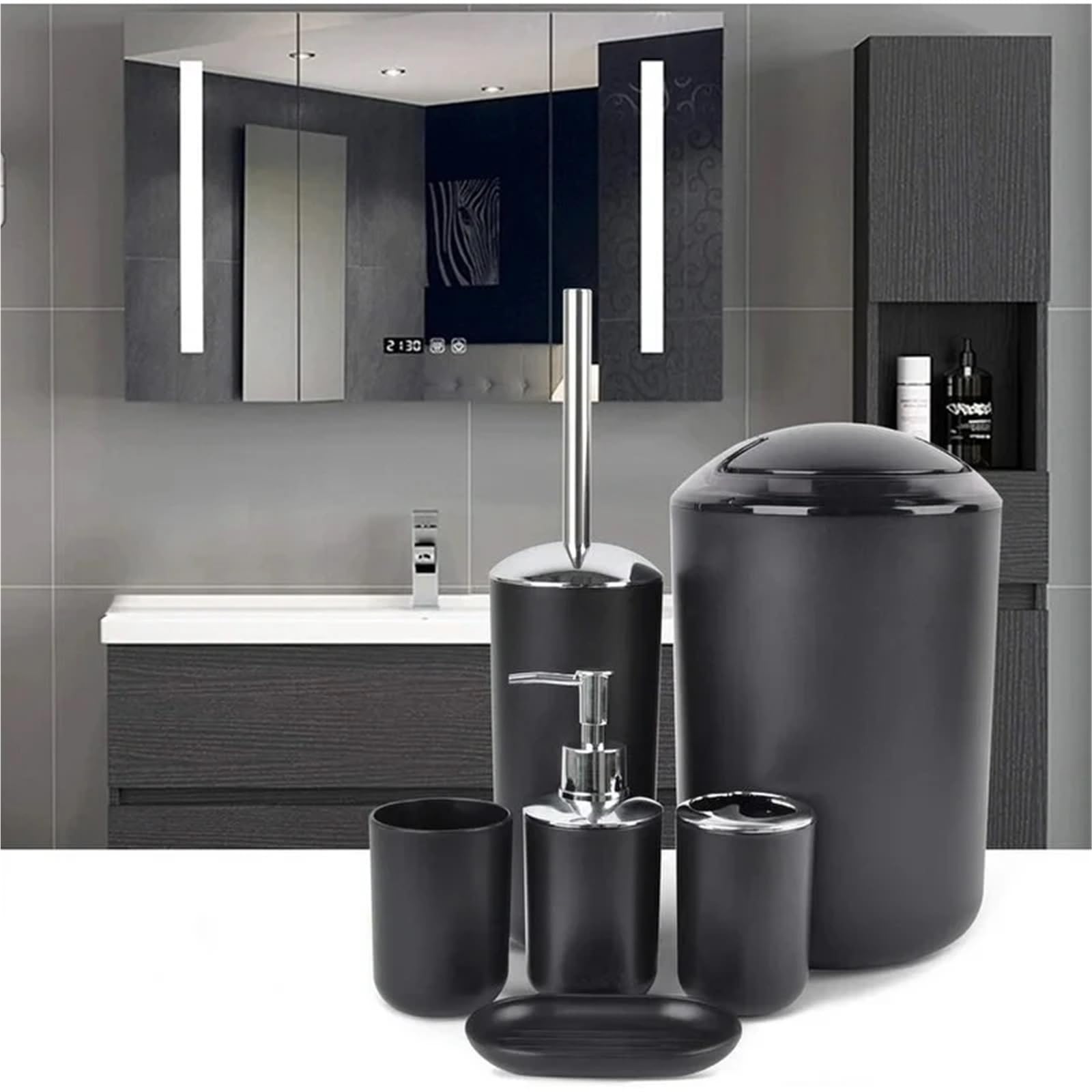 Dispensador de Jabon Juego de baño Lujo, Soporte for cepillos Dientes, Cepillo con Taza succión, Caja jabón, Accesorios decoración del hogar(Gray 6 Piece Set)