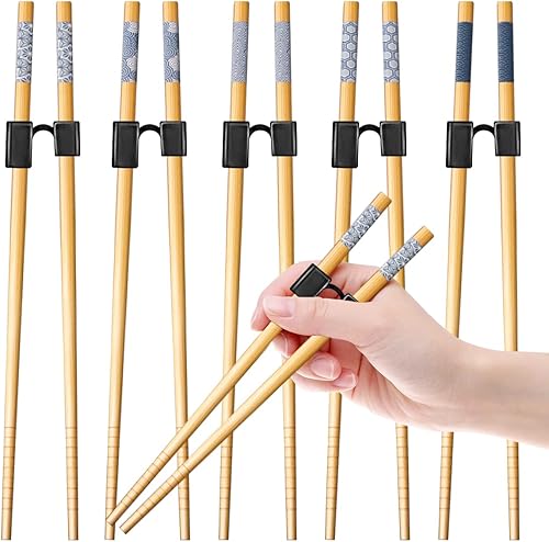 Miniatura 7 de 5 pares de palillos de entrenamiento reutilizables para principiantes y aprendices, juego de palillos de bambú japoneses y soporte, aptos para