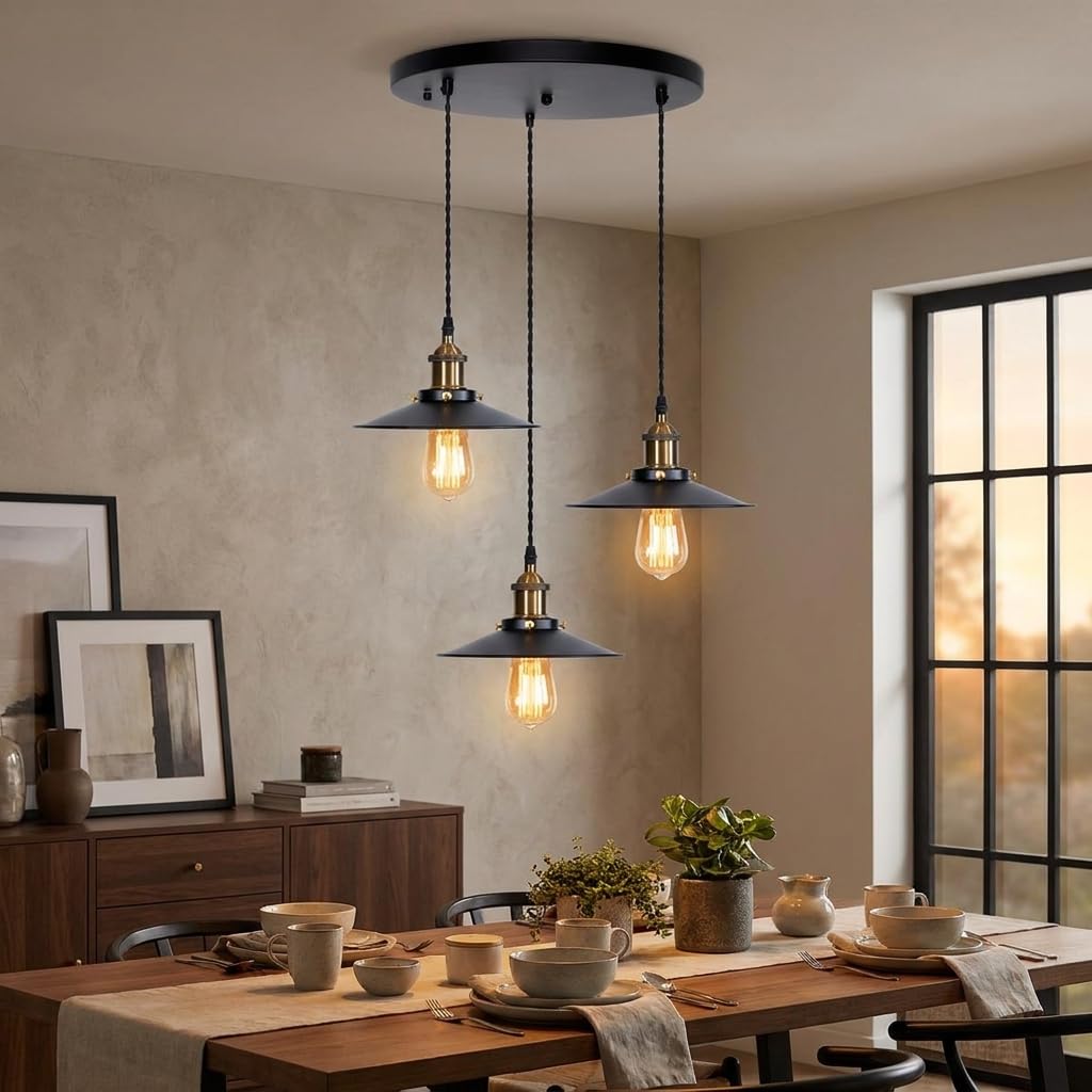 BARCELONA LED CLOCK WORK Potrójna Lampa Wisząca Industrialna Vintage, 3 x Oprawka E27, Czarny Matowy Metal i Złote Oprawki, Regulowana Wysokość, Lampa Sufitowa do Jadalni, Kuchni, Salonu i Baru