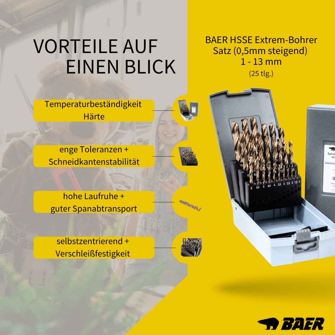 BaerCoil BAER HSSE - Juego de brocas de acero inoxidable (25 piezas, 1 – 13 mm en incrementos de 0,5 mm, 5% de acero de alta velocidad de cobalto, para hierro, acero y bronces de hasta 1300 N/mm², etc