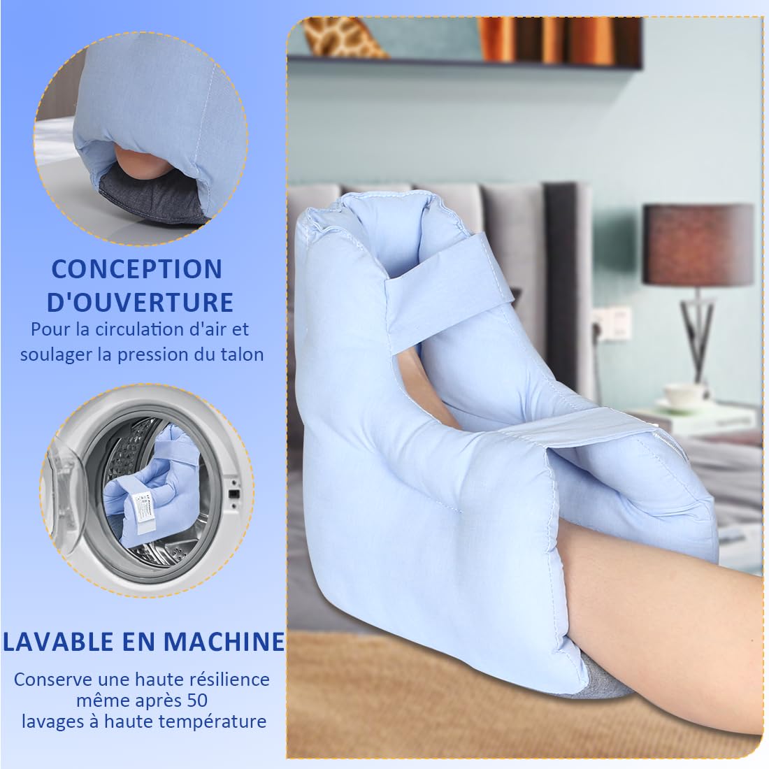 EZ Assistive Les protecteurs de talon pour soulager les escarres de pression et d'alitement, les oreillers pour pieds pour élévation de jambe et la circulation sanguine en cas d'enflure (Bleu)