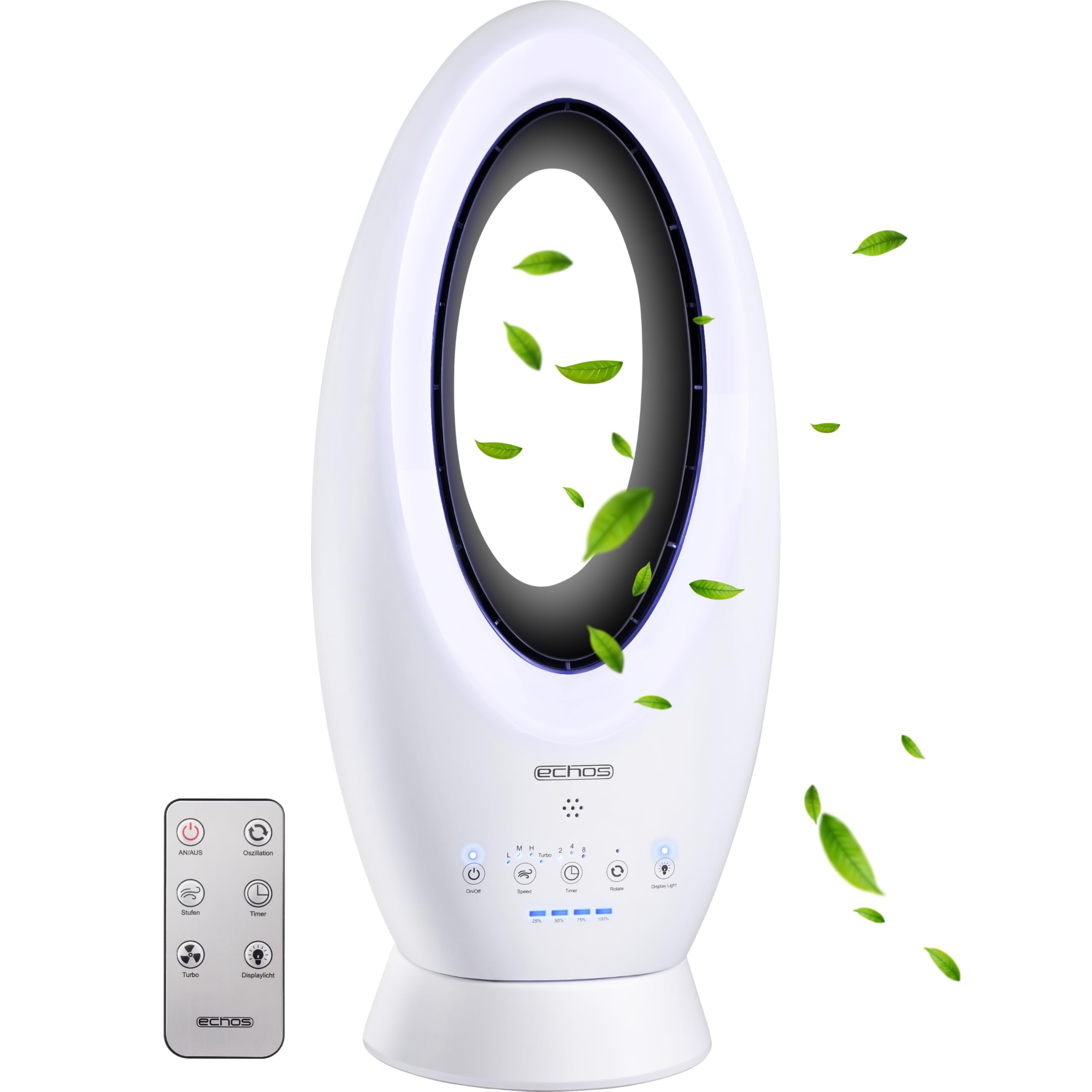 Echos®- 2-in-1 Design Akku Turmventilator Standventilator mit Fernbedienung kabellos - Akku- oder Strombetrieb - Leiser Ventilator Tischventilator oszillierend - Fernbedienung LED Beleuchtung