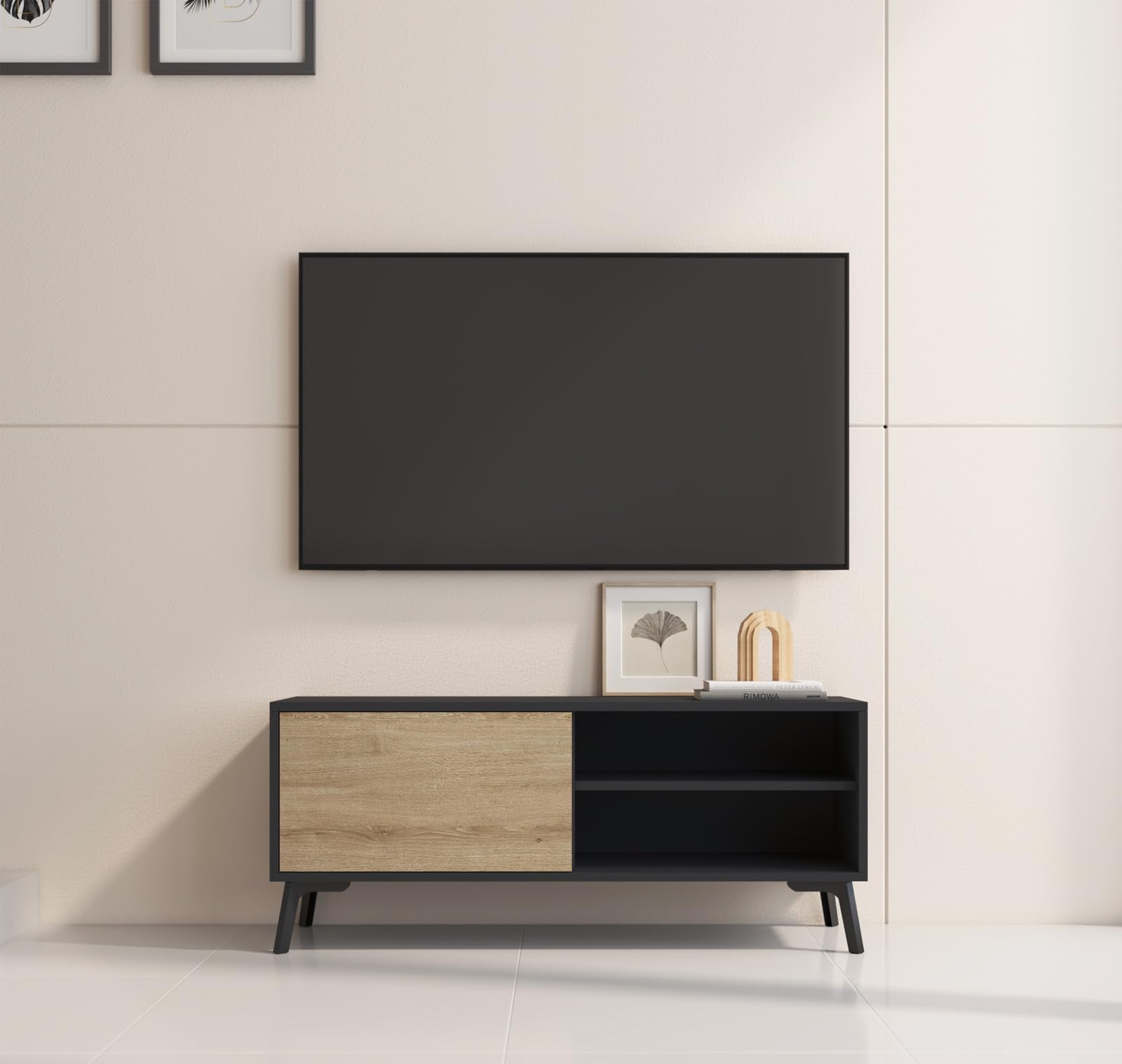 MB Muebles Bonitos | Meuble TV Bas Kai avec 1 Porte pour Salon Moderne | Meuble en Mélamine Mate | Couleur Noir et Sonoma | 100x42x30 cm