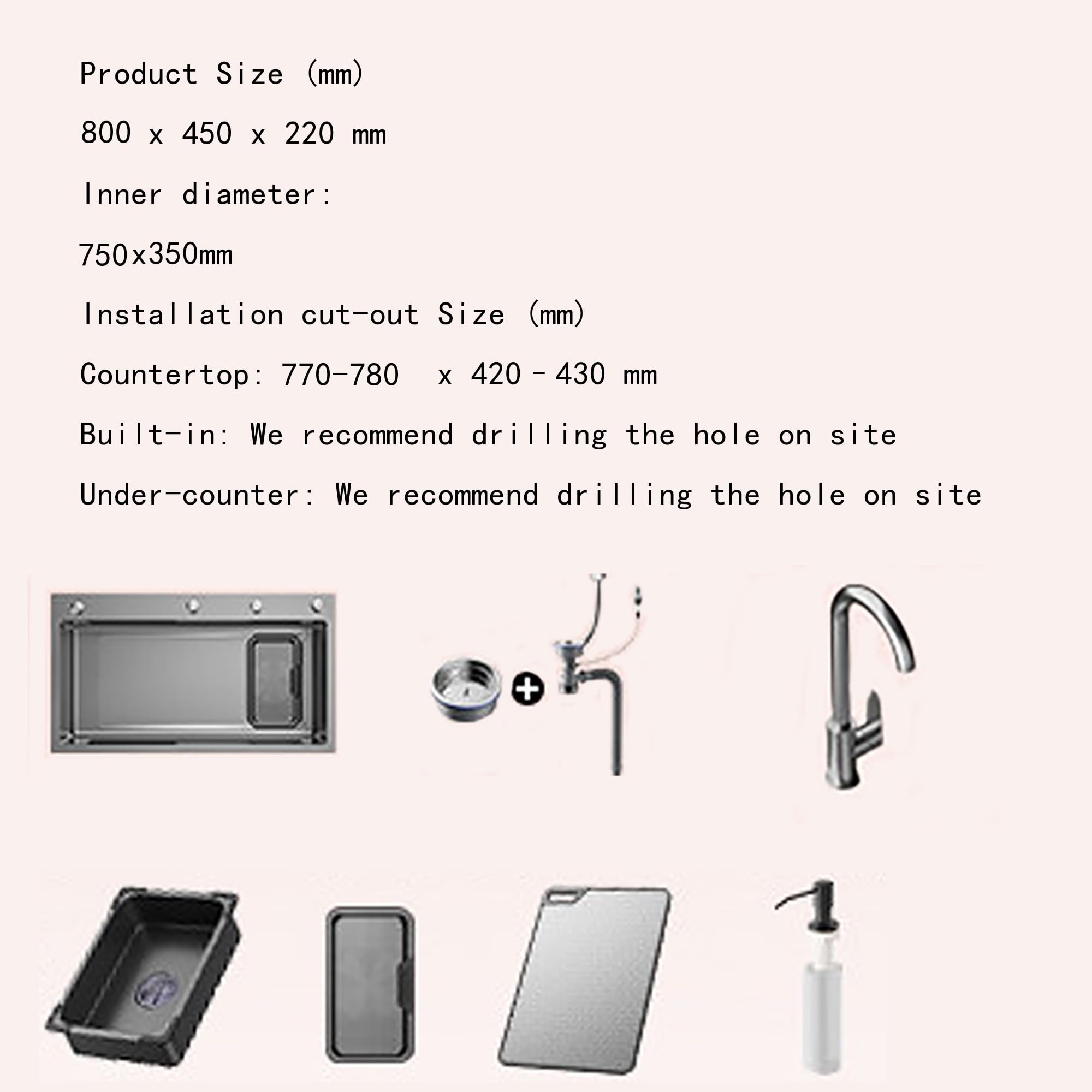SC Fregadero De Cocina Individual De Acero Inoxidable Con Kit De Desagüe Y Colador, Apto Para Restaurantes Y Cafeterías(B)