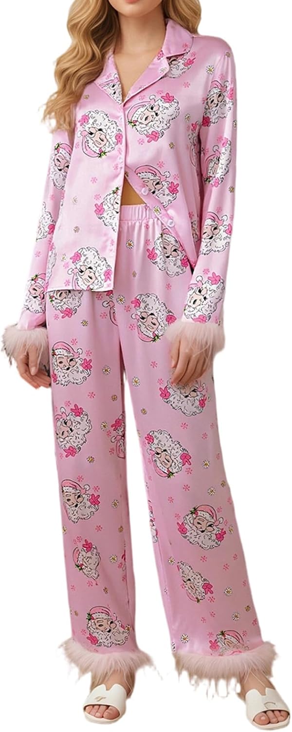 Feather Pajamas for Women, Long Sleeve Button Up Shirt and Pants 2 Piece Pj Set Trendy Nightwear Sleepwear Outfits