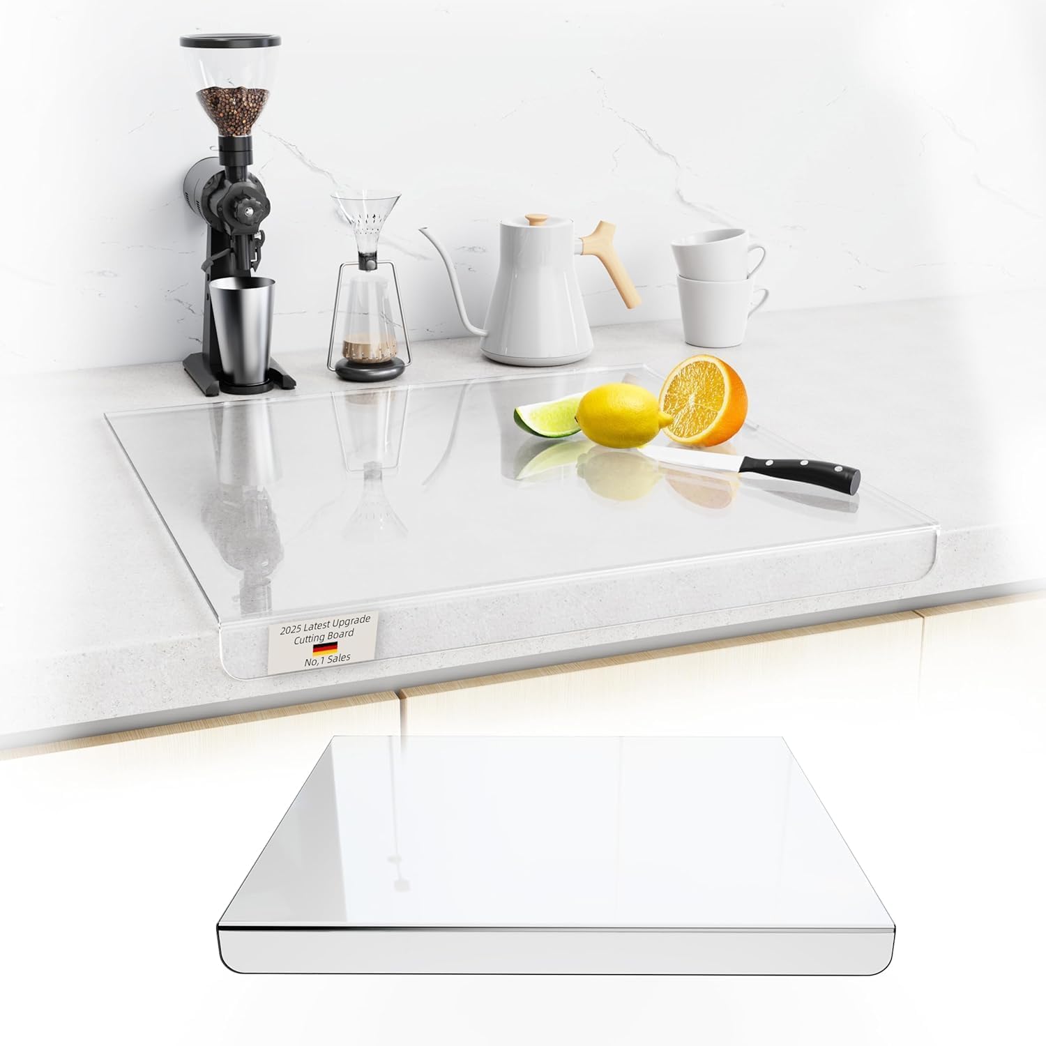 Tabla de cortar de acrílico, tabla de cortar de cristal, transparente, protector de encimera, protector de encimera, con borde de tope, antideslizante para encimera de cocina (transparente, 50 x 40 cm