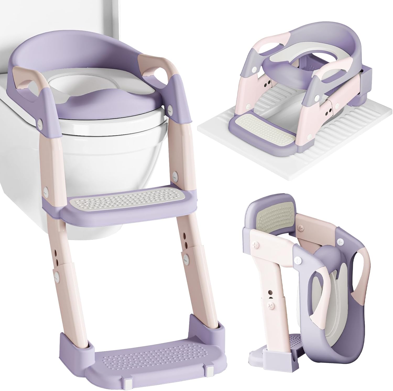 XIGGA Potty Toilet Training Seat with 2-level Adjustable Steps, Equipped with Waterproof Cushion and Non Slip Step Stool, Dedicated Toilet Seat for Boys Girls - Purple