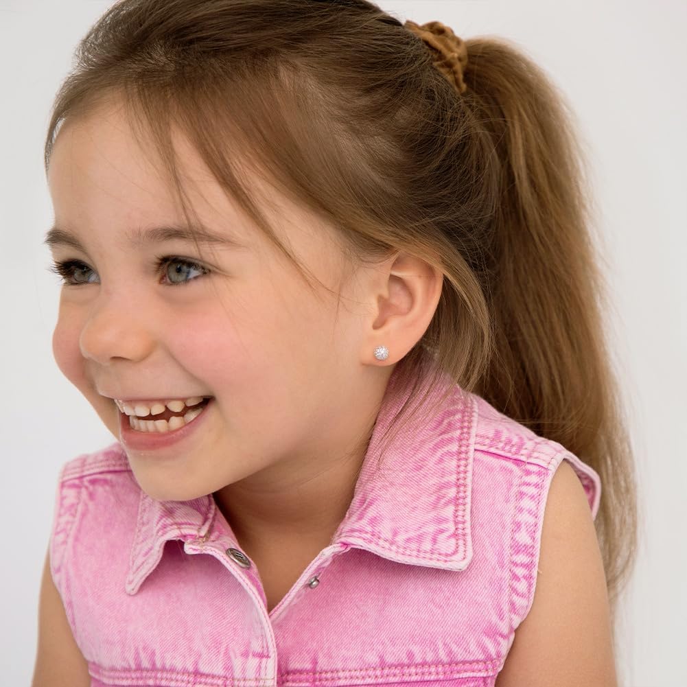 925 Sterling Silver Clear Round 6mm Cubic Zirconia Burst Screw Back Stud Earrings for Young Girls, Great Gift for Babies, Little Girls & Toddlers- Classic Little Ball Baby Earrings. Safety Screw Backs - Image 2