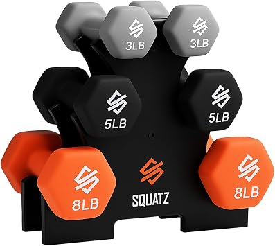 SQUATZ Dumbbell Weights Set with Stand, 32lbs Neoprene Coated Weights in Color Gray, Black, and Orange, Hex Shape Anti Slip and Roll Dumbbells for Exercise, Training, Fitness, Yoga