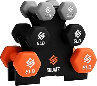 SQUATZ Dumbbell Weights Set with Stand, 32lbs Neoprene Coated Weights in Color Gray, Black, and Orange, Hex Shape Anti Slip and Roll Dumbbells for Exercise, Training, Fitness, Yoga