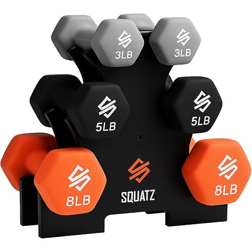 SQUATZ Dumbbell Weights Set with Stand, 32lbs Neoprene Coated Weights in Color Gray, Black, and Orange, Hex Shape Anti Slip and Roll Dumbbells for Exercise, Training, Fitness, Yoga