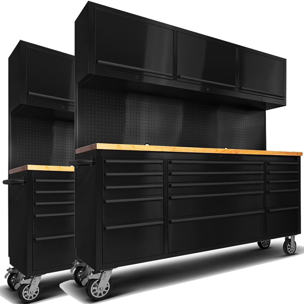 2 Pack - 72" Stainless Steel Rolling Tool Chest with 15 Drawers, Lockable Storage Cabinet, Mobile Workbench, Assembled Large Tool Box with Wheels for Garage Workshop (2 × HTC7215W1)