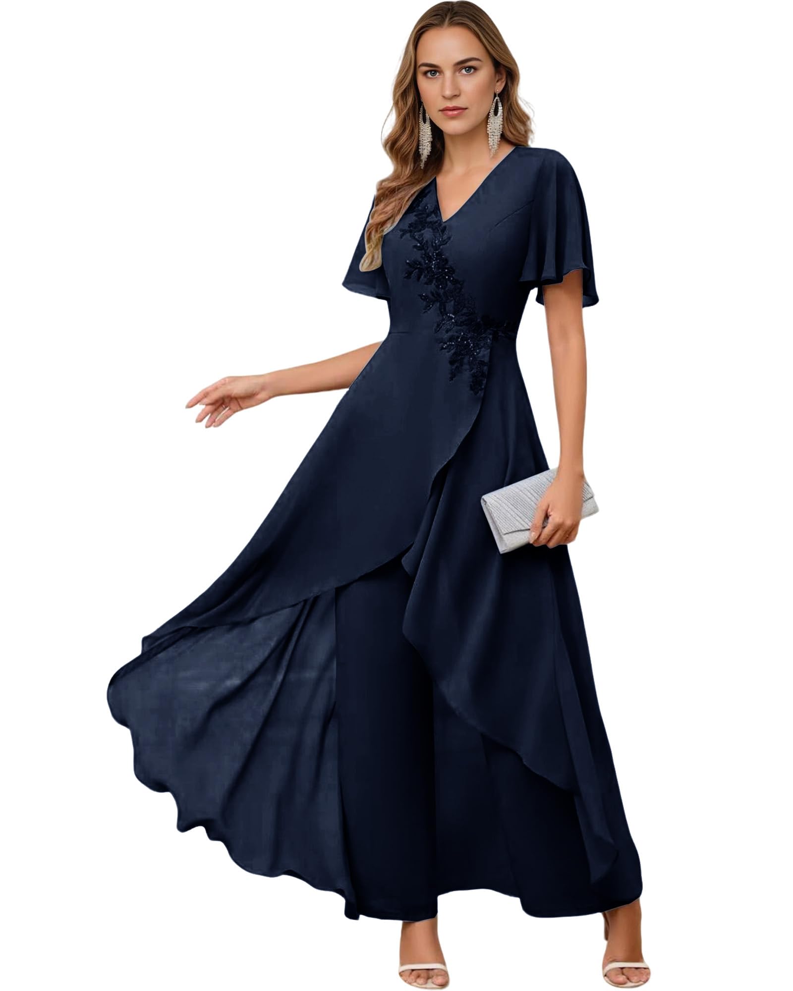 Chiffon Mother of The Bride Pant Suits - Lace Appliques Short Sleeves Wedding Formal Jumpsuits