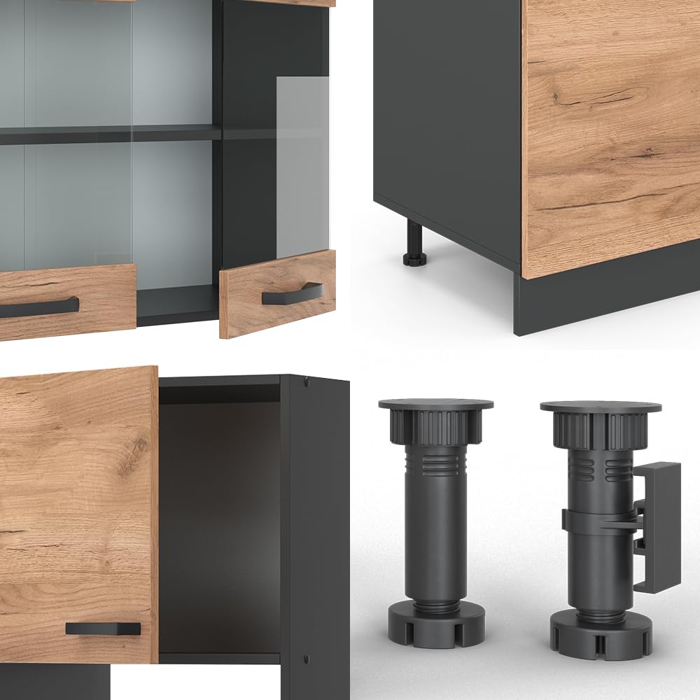 Vicco Cuisine R-Line, Chêne de Force doré, 300cm avec Armoire Haute, PT Anthracite, adapté à la Combinaison et à l’Extension Individuelles