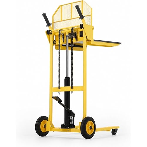 Hydraulic Material Lift Winch Stacker, Upgraded 440 lbs 36" Max Lifting Height w/360° Swivel Casters, Pallet Truck Dolly with Removable Platform, Adjustable Forks Hand Forklift, Yellow
