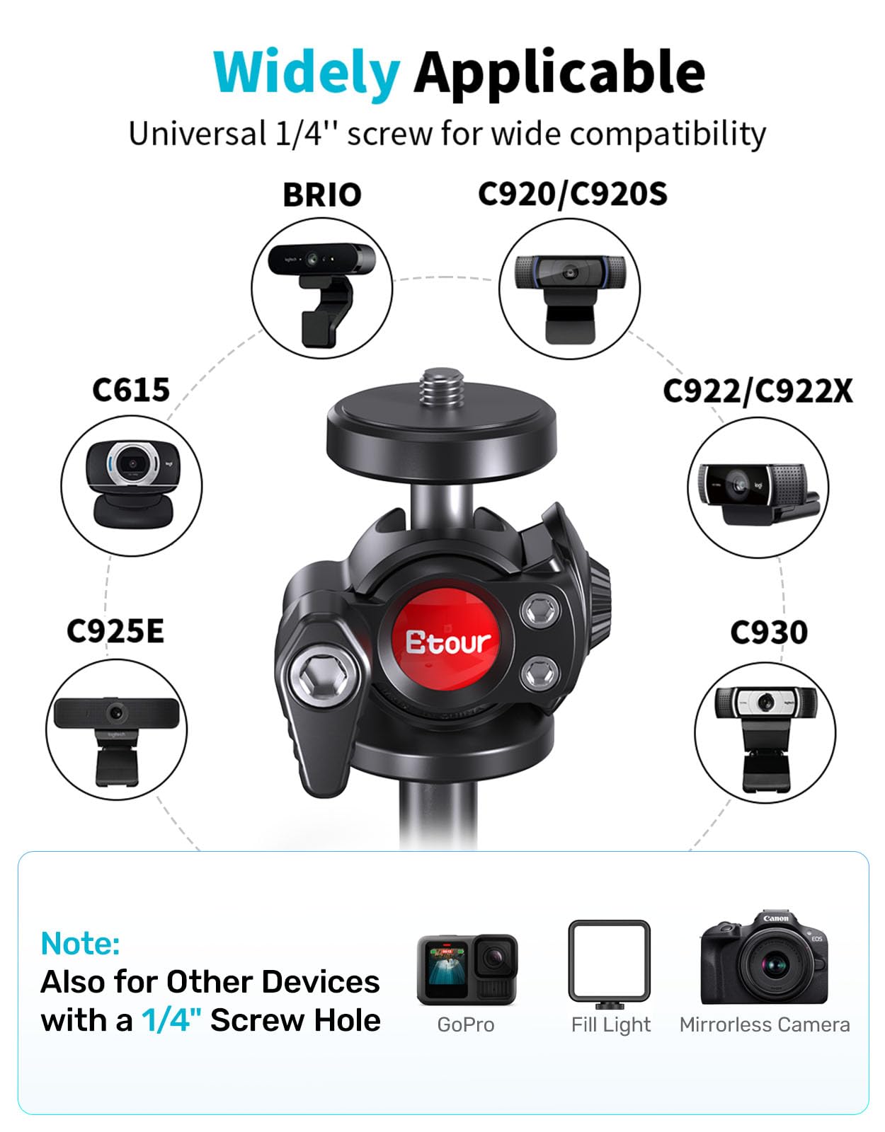 Support de webcam Logitech C920 C922 Brio 4K avec rotule 360°, base lourde réglable, filetage 6,35 mm
