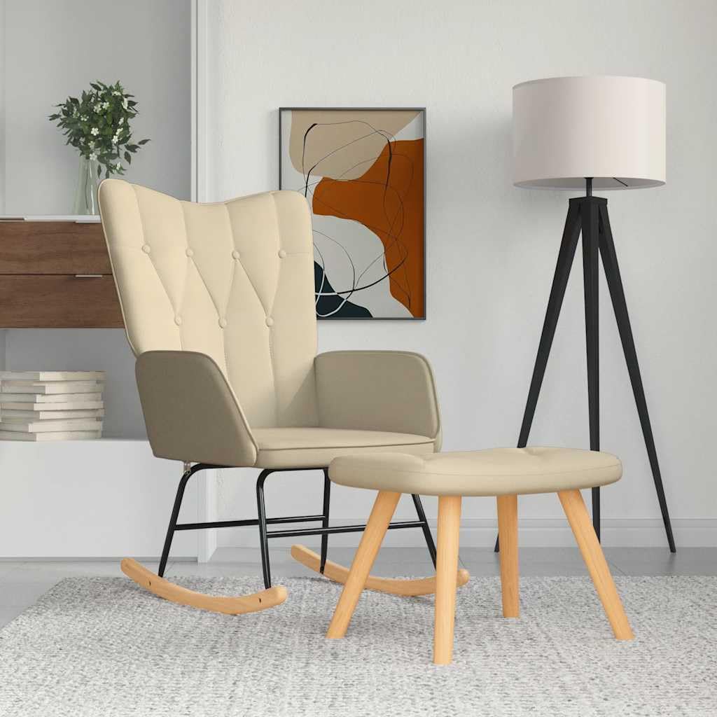 Fotel bujany z taboretem, kremowy, 100% poliester, wymiary 61 x 78 x 98 cm, stalowa rama, drewniane płozy, fotel relaksacyjny do salonu i sypialni