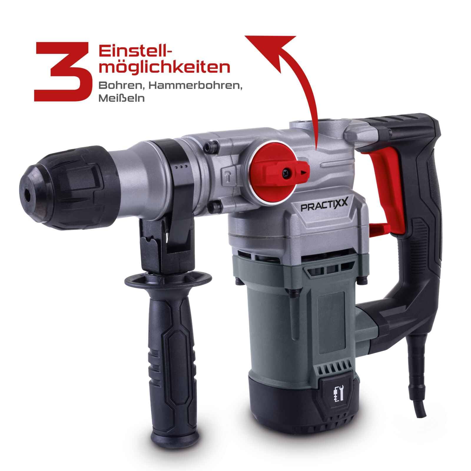 Practixx 3in1 Bohrhammer PX-BH-5 Abbruchhammer mit 5 Joule & 1050W | 28mm Bohrleistung in Beton | SDS-Plus Aufnahme | Zusatzgriff | 3m Kabel Bohrmaschine | inkl. 3 Bohrer, Koffer, Spitz- & Flachmeißel