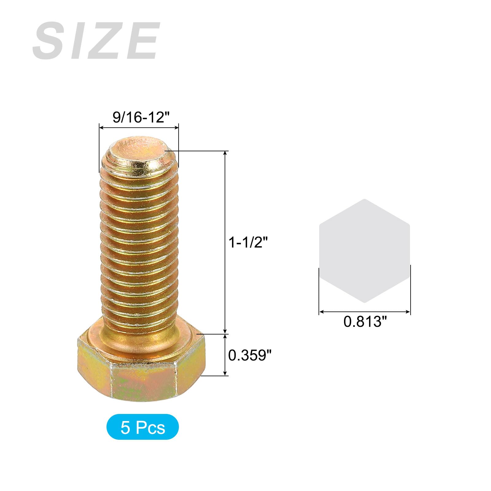 METALLIXITY Hex Bolts (9/16-12 x 1-1/2") 5Pcs, 8 Grade Carbon Steel Zinc Plated, UNC Coarse Thread, External Hex Drive - Image 2