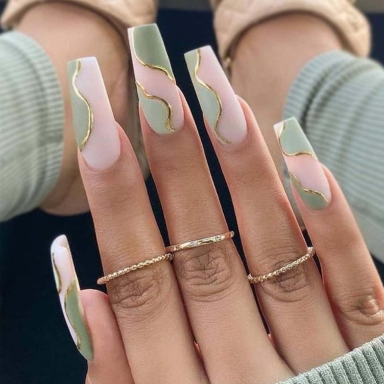 Amazon.com: Kamize Gold Press on Nails Coffin Ballerina Long Fake Nails  Acrylic Full Cover Green Vintage False Nails for Women and Girls24PCS :  Beauty & Personal Care