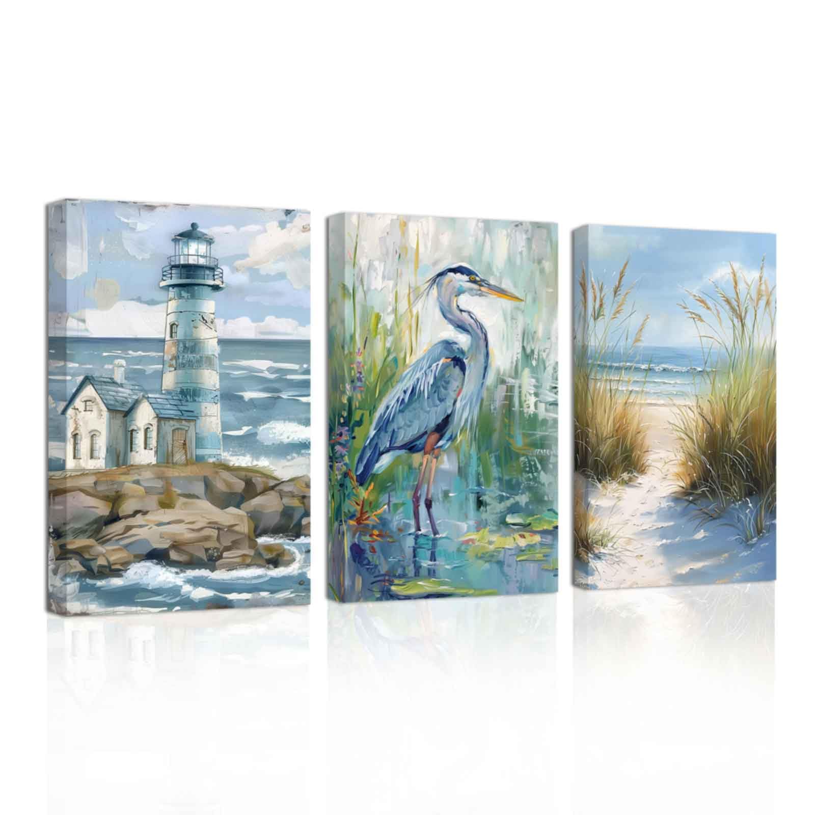 CXHOSTENT Coastal Wall Art Heron Picture on Canvas 3 Piece Heron with Beach Sand Dunes Poster Prints Sea Bird Painting Beach Artwork Bathroom Decor Framed (Green, 50.00 x 70.00 cms x 3PCS)