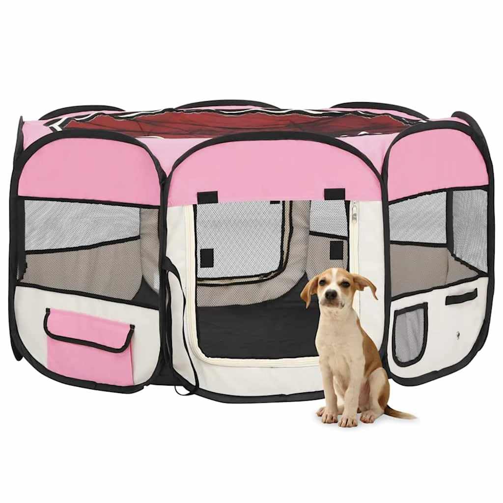 Składany park dla psów z różową torbą transportową 125x125x61 cm