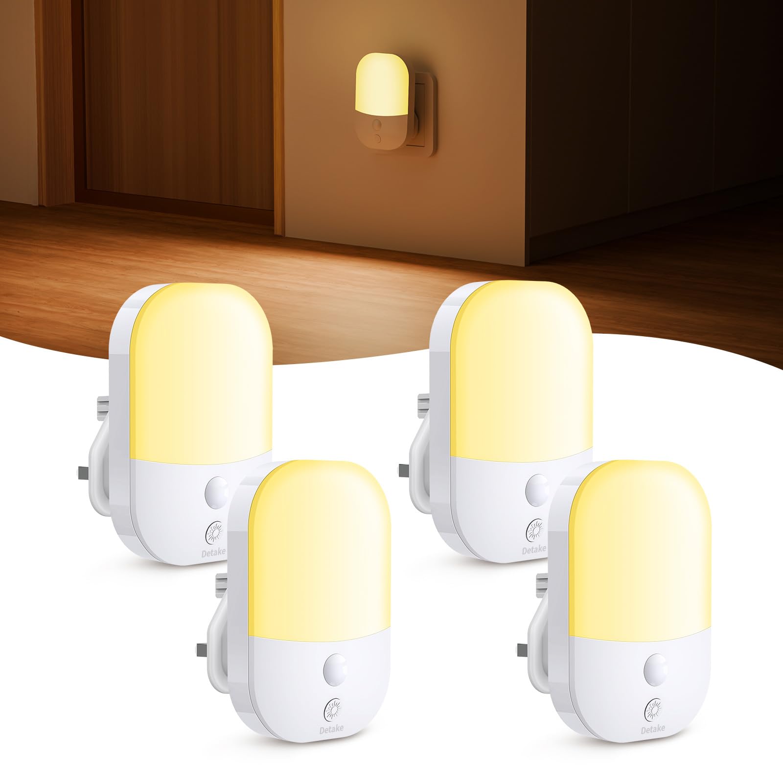 2 Pack Plug in Night Light with Dusk to Dawn Photocell Sensor, 5 Adjustable Brightness Levels, ON/Off/AUTO Modes, 3000K Warm White LED Night Light for Baby, Hallways, Stairs, Bedrooms, Kitchens, 0.3W — view 8