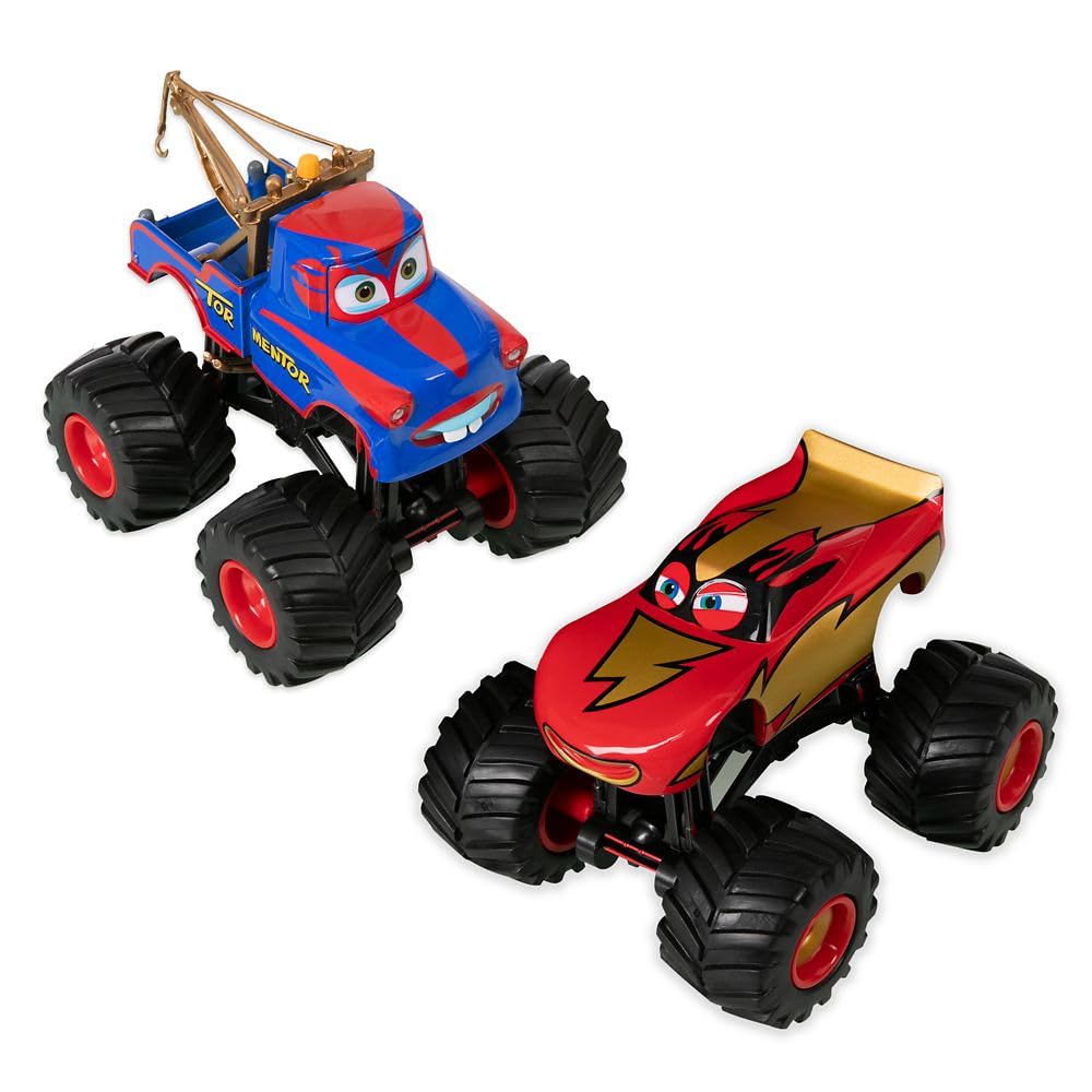 Rev Up Playtime with Disney Store Official Monster Trucks Lightning McQueen & Tow Mater Die Cast Set - 1:43 Scale with Free Rolling Wheels